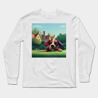 Brown and white Sausage Dog playing in the garden Long Sleeve T-Shirt